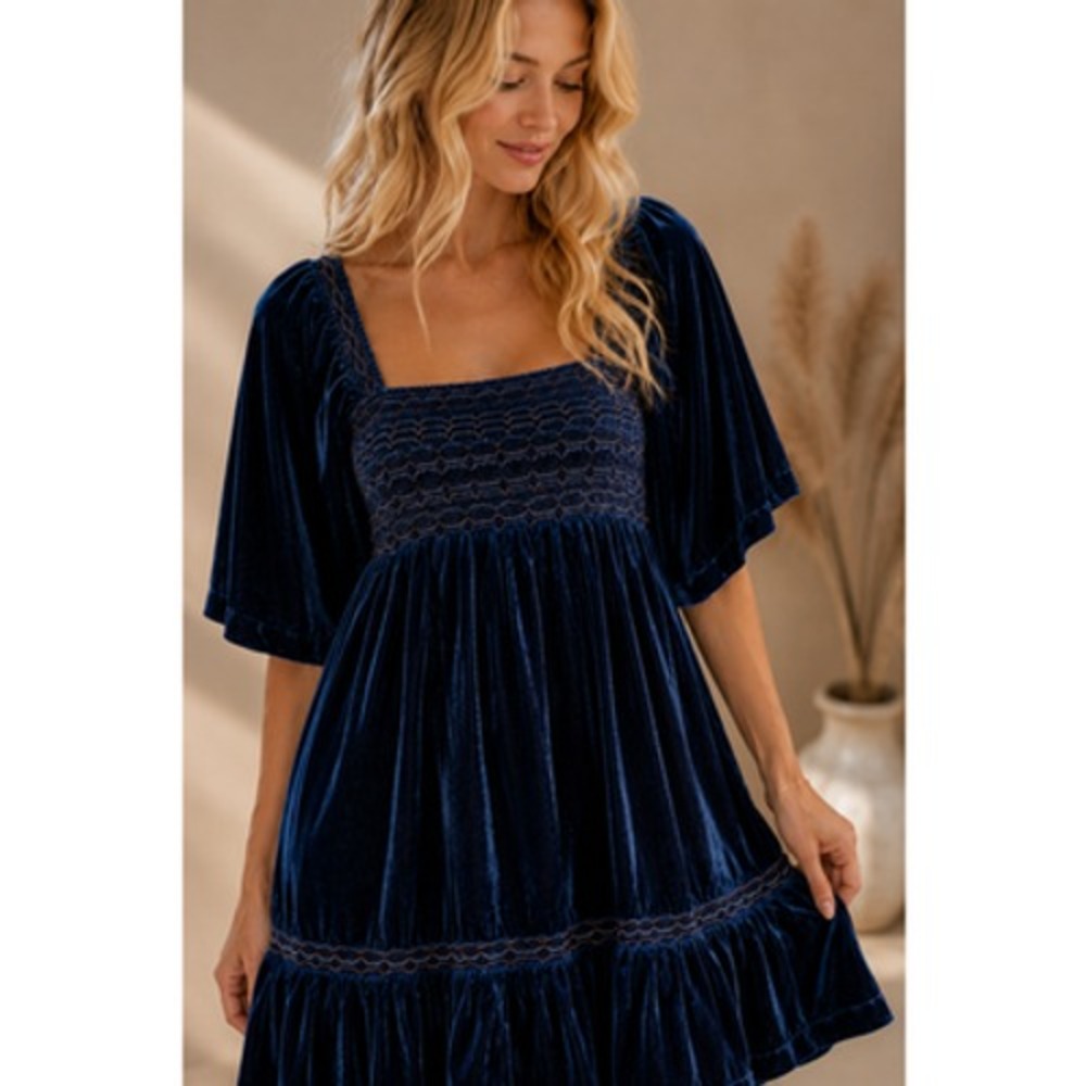 Free People Easy To Love Blue Velvet Smocked Babydoll Boho Mini Dress M